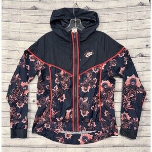 Nike Womens Windbreaker Jacket Sz S Blue Pink Floral Full Zip Hooded Vented